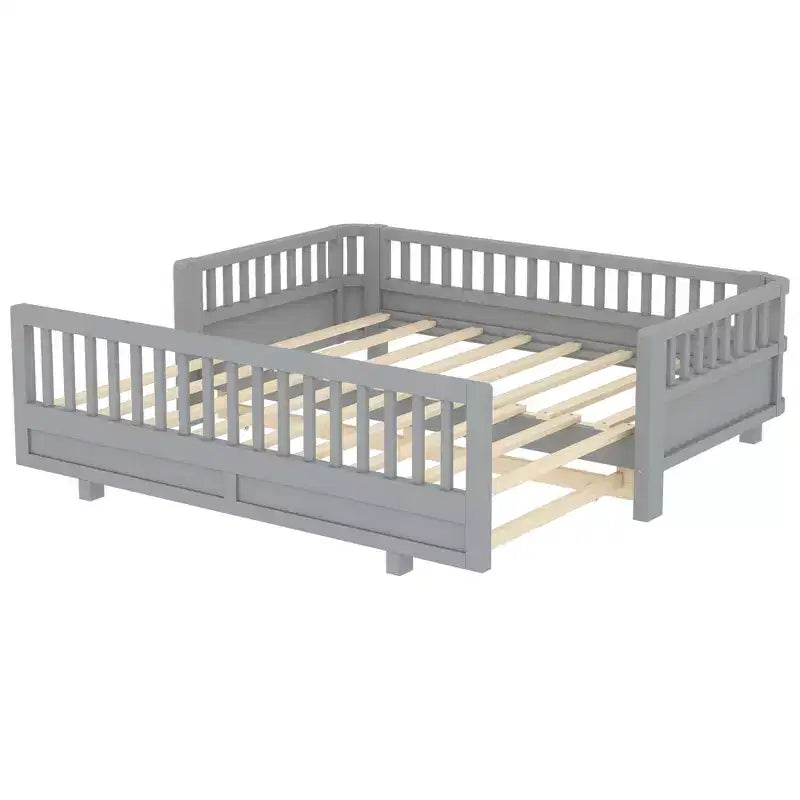 Platform Bed with Guardrails, Solid Wood Twin Bed Frame, Convertible to Double Twin