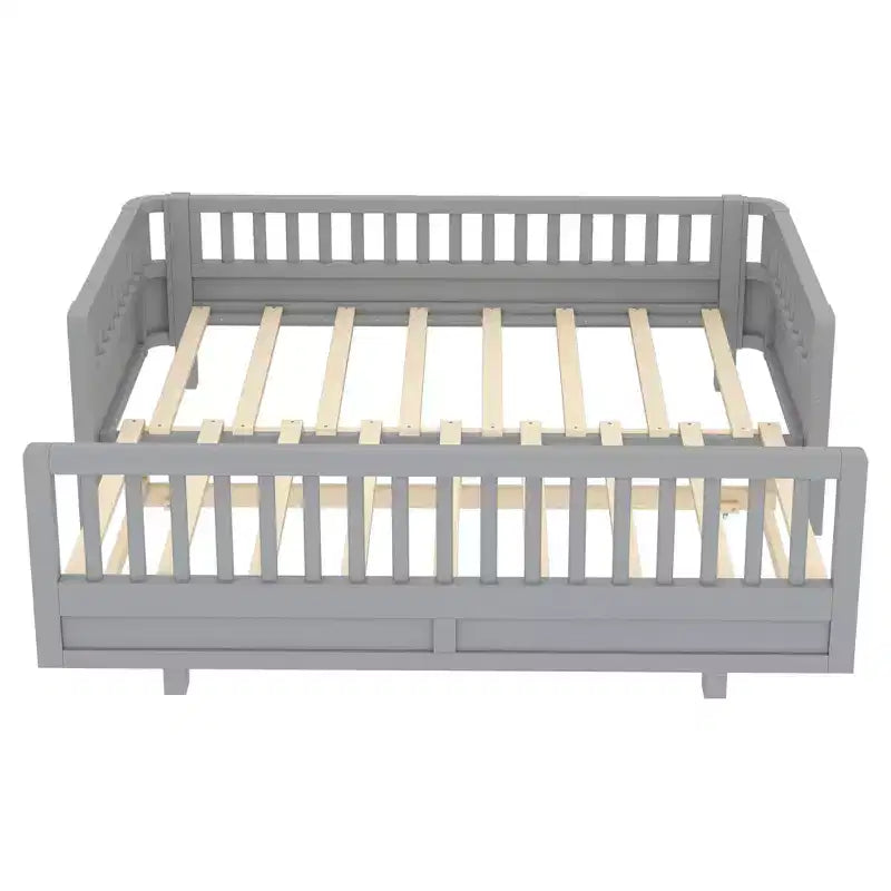 Platform Bed with Guardrails, Solid Wood Twin Bed Frame, Convertible to Double Twin