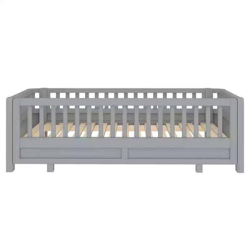 Platform Bed with Guardrails, Solid Wood Twin Bed Frame, Convertible to Double Twin