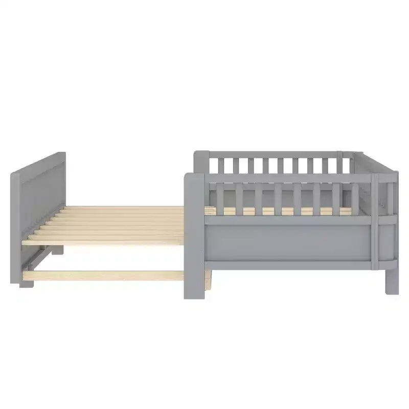 Platform Bed with Guardrails, Solid Wood Twin Bed Frame, Convertible to Double Twin