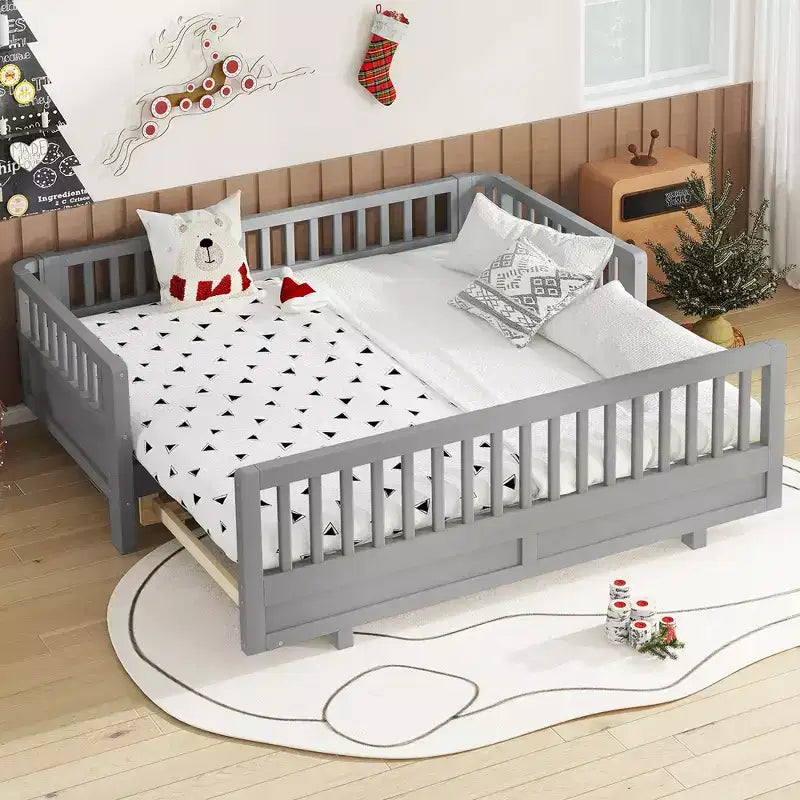 Bellemave Platform Bed with Guardrails, Solid Wood Twin Bed Frame, Can Be Converted into a Double Twin Platform Bed