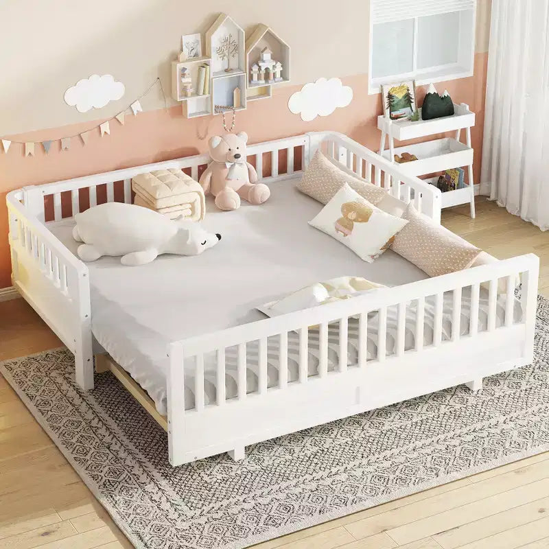 Platform Bed with Guardrails, Solid Wood Twin Bed Frame, Convertible to Double Twin