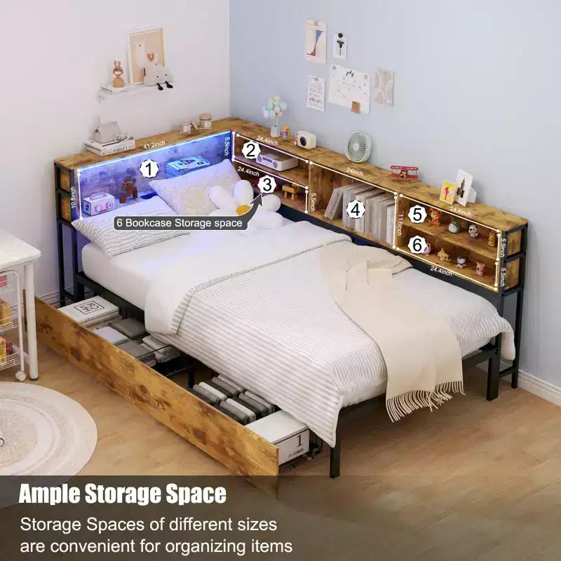 Corner Bed Frame with Storage Bookcase, Twin Daybed with Storage Drawers Underneath, Kids Bed Unit with Charging Station