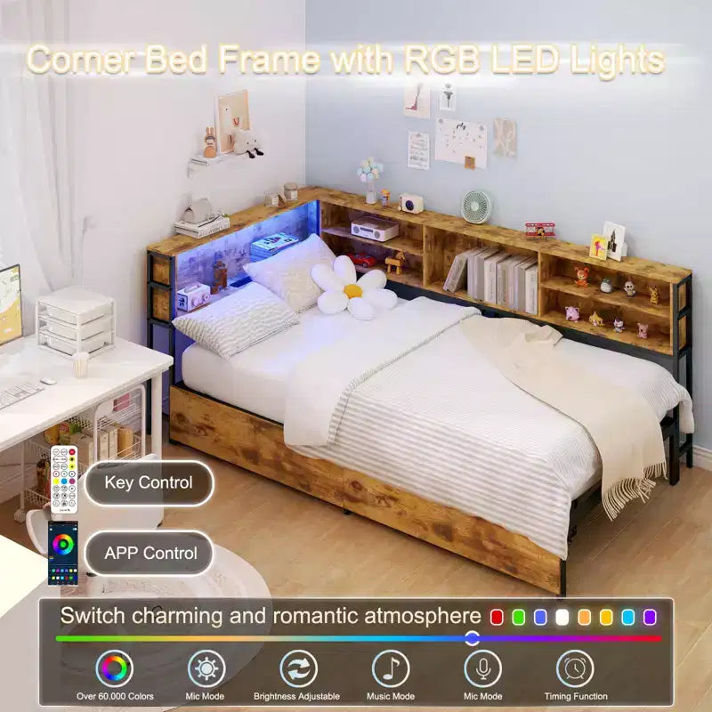Corner Bed Frame with Storage Bookcase, Twin Daybed with Storage Drawers Underneath, Kids Bed Unit with Charging Station