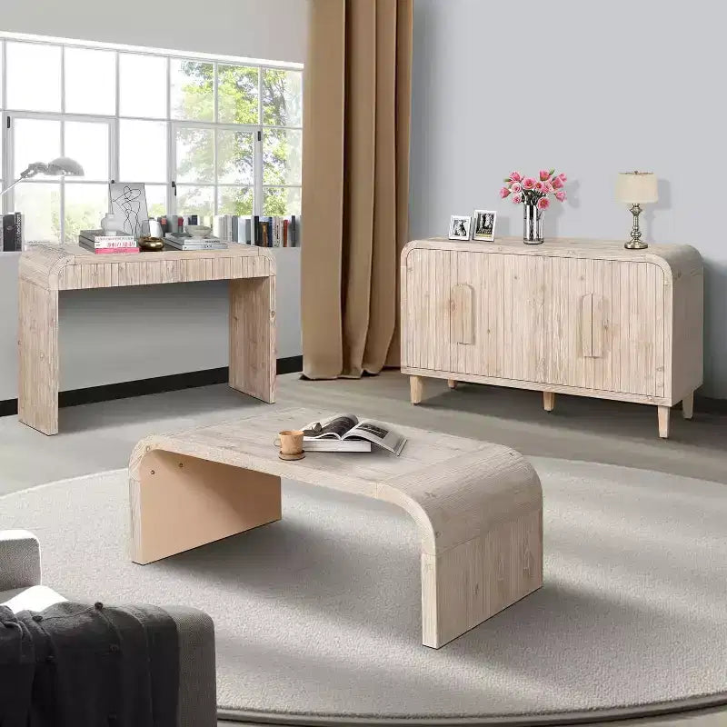 Center Table, Farmhouse Vintage Crafts Wood Coffee Table, Rectangular Modern Minimalistic Curved Art Deco Design Side Table White