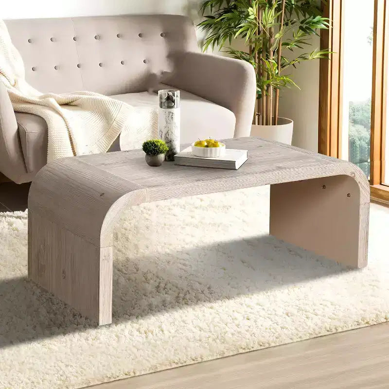 Center Table, Farmhouse Vintage Crafts Wood Coffee Table, Rectangular Modern Minimalistic Curved Art Deco Design Side Table White