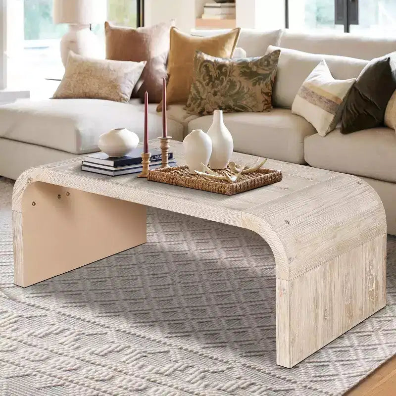 Center Table, Farmhouse Vintage Crafts Wood Coffee Table, Rectangular Modern Minimalistic Curved Art Deco Design Side Table White