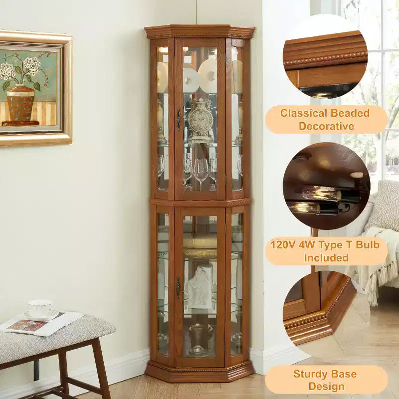 69.5" Lighted Corner Cabinet with Glass Doors and Adjustable Shelves