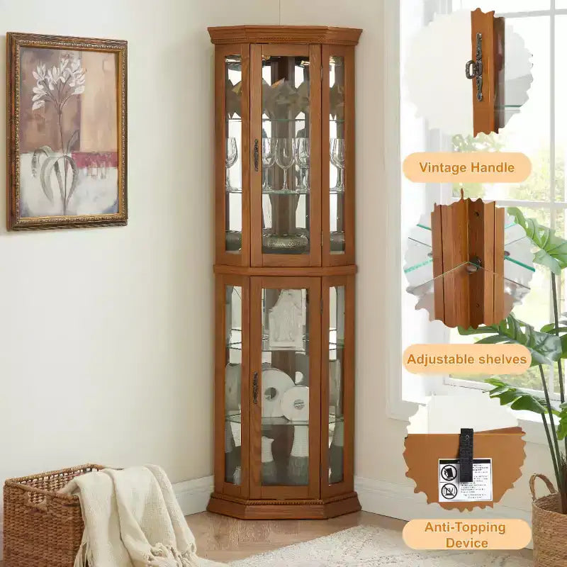 69.5" Lighted Corner Cabinet with Glass Doors and Adjustable Shelves