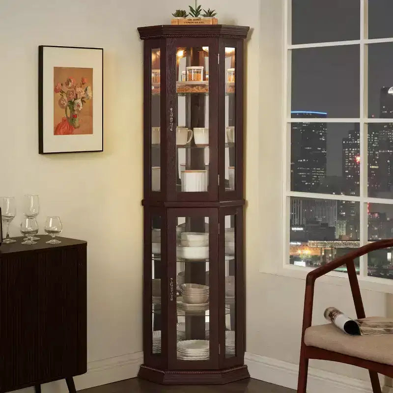 69.5" Lighted Corner Cabinet with Glass Doors and Adjustable Shelves