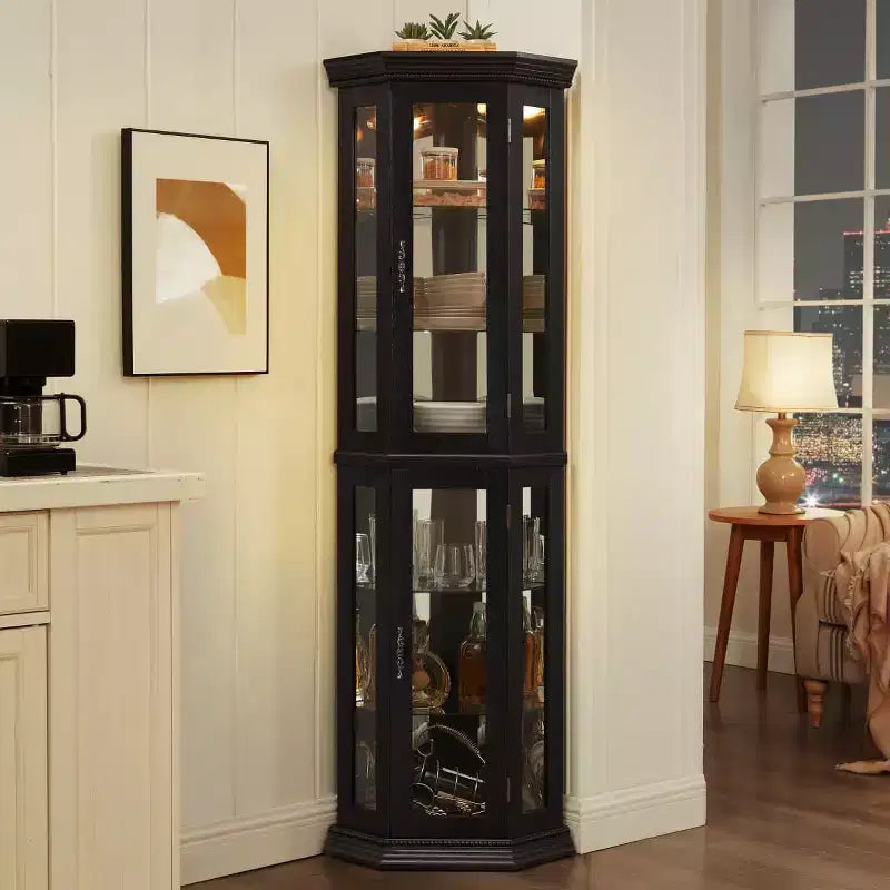 69.5" Lighted Corner Cabinet with Glass Doors and Adjustable Shelves