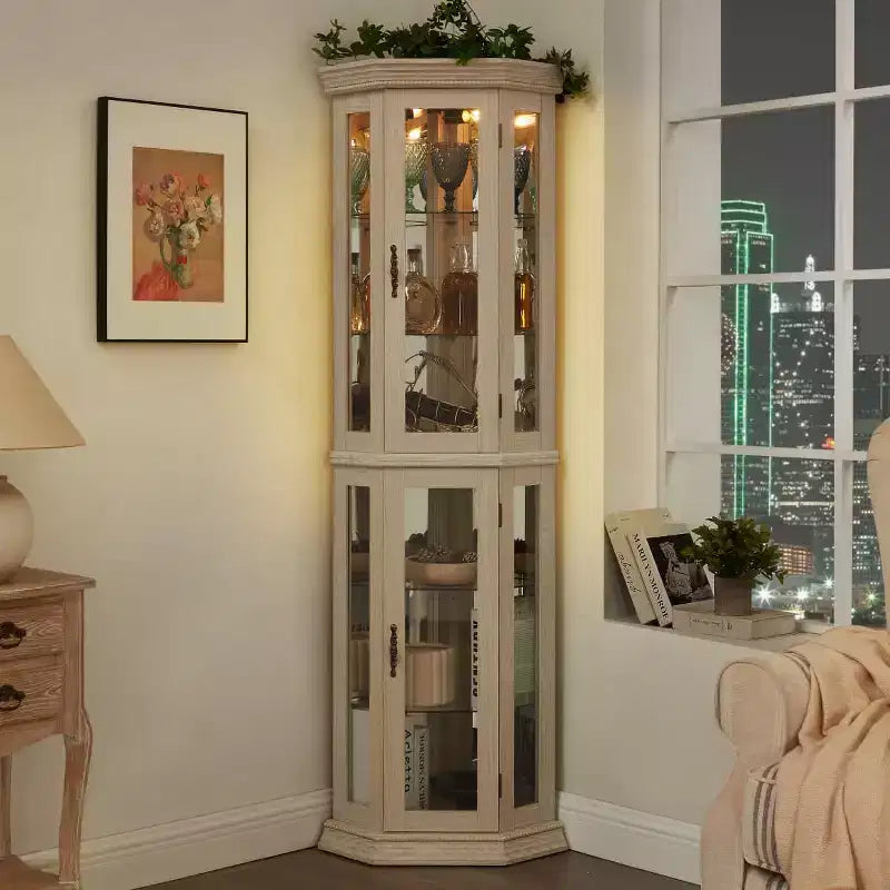 69.5" Lighted Corner Cabinet with Glass Doors and Adjustable Shelves