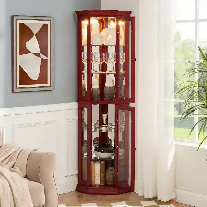69.5" Lighted Corner Cabinet with Glass Doors and Adjustable Shelves