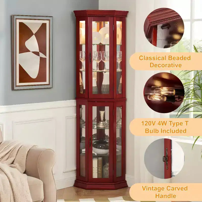 69.5" Lighted Corner Cabinet with Glass Doors and Adjustable Shelves