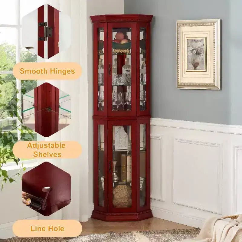 69.5" Lighted Corner Cabinet with Glass Doors and Adjustable Shelves
