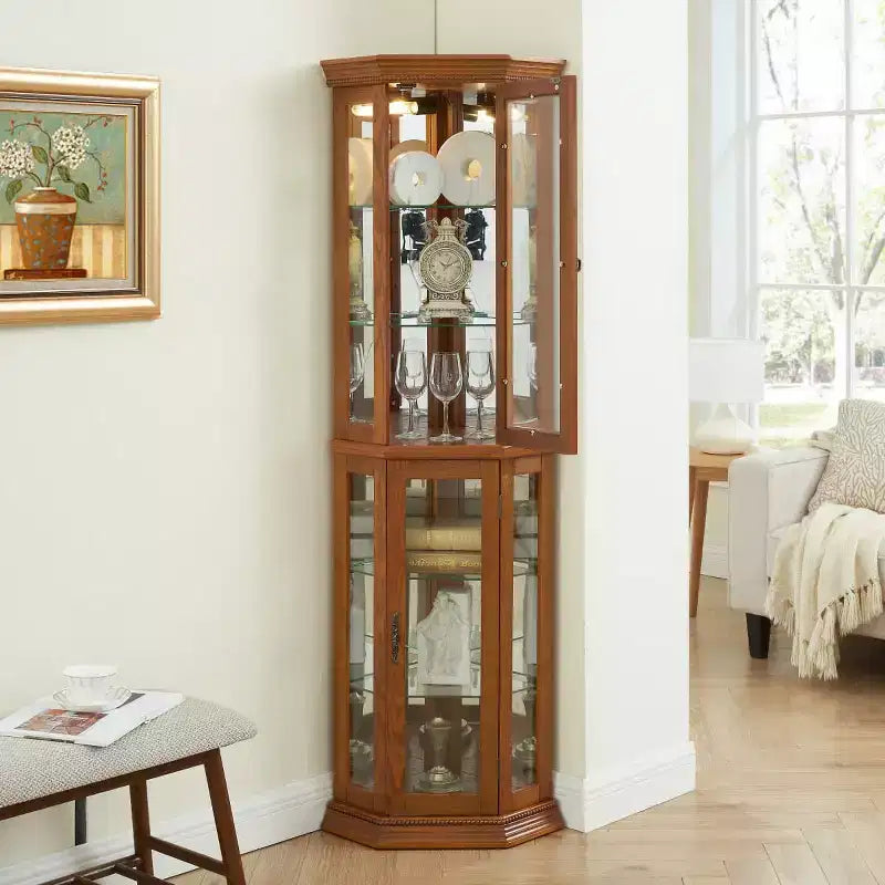 69.5" Lighted Corner Cabinet with Glass Doors and Adjustable Shelves