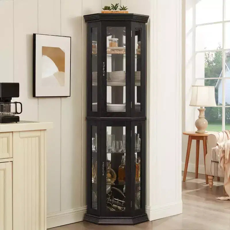 69.5 Lighted Corner Cabinet with Glass Doors and Adjustable Shelves, Traditional Display Cabinet for Collectibles or Living Room - Panipeachy