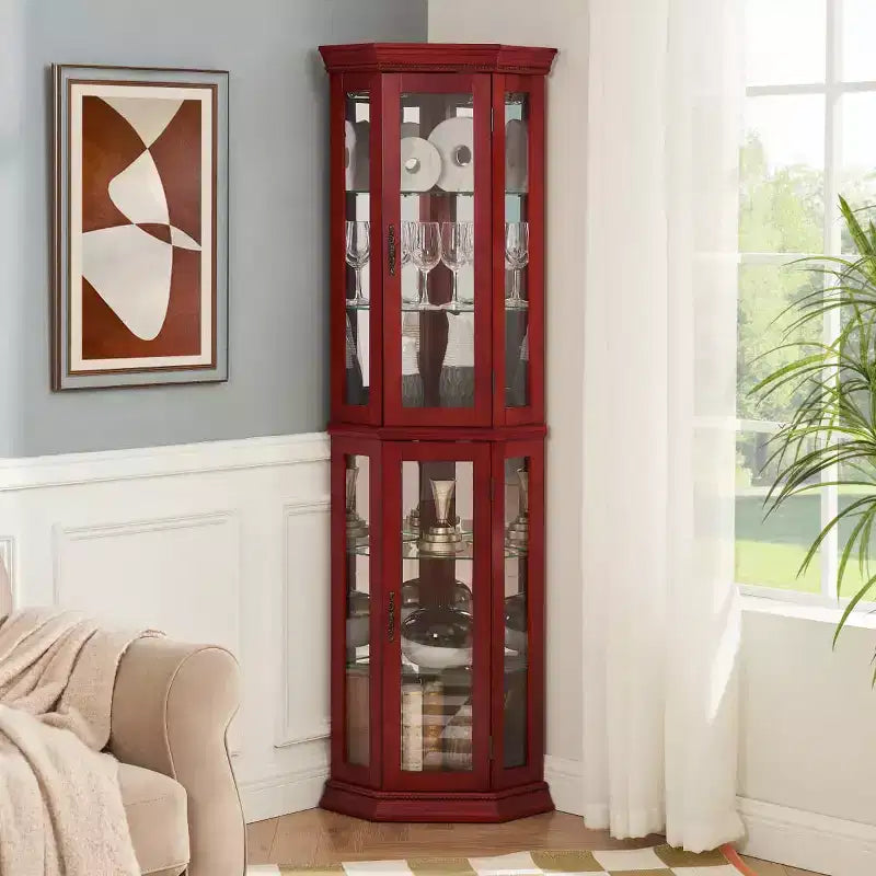 69.5" Lighted Corner Cabinet with Glass Doors and Adjustable Shelves