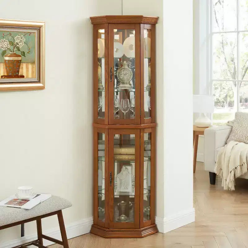 69.5" Lighted Corner Cabinet with Glass Doors and Adjustable Shelves