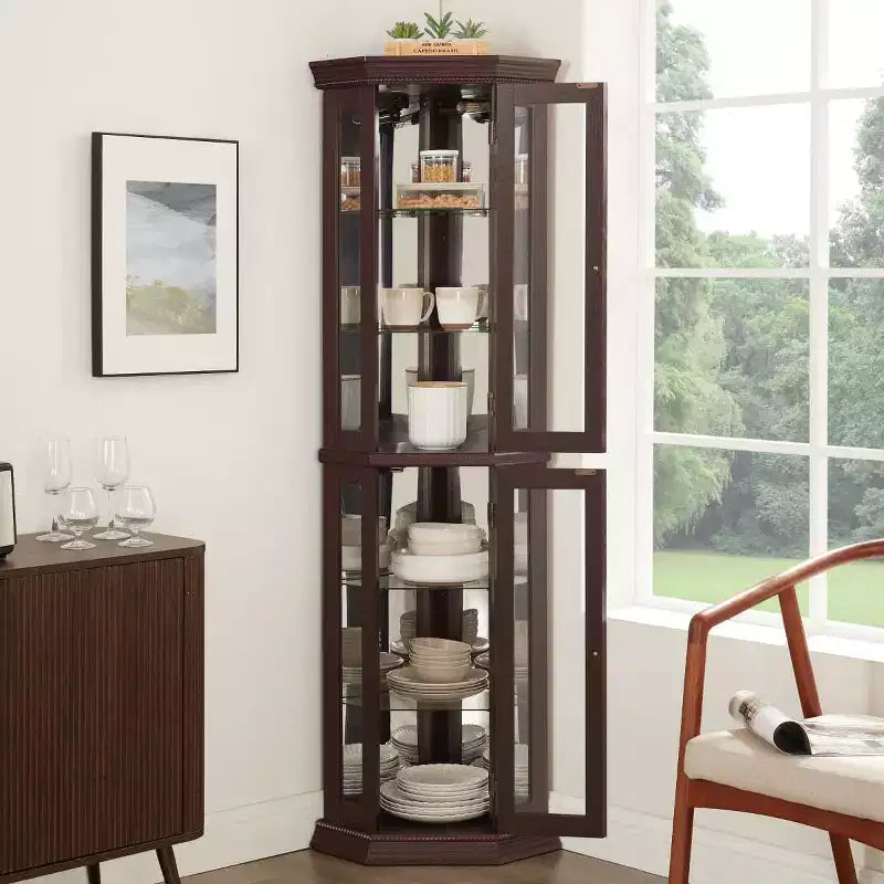 69.5" Lighted Corner Cabinet with Glass Doors and Adjustable Shelves