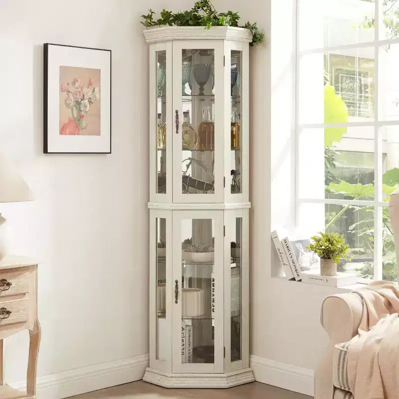 69.5" Lighted Corner Cabinet with Glass Doors and Adjustable Shelves