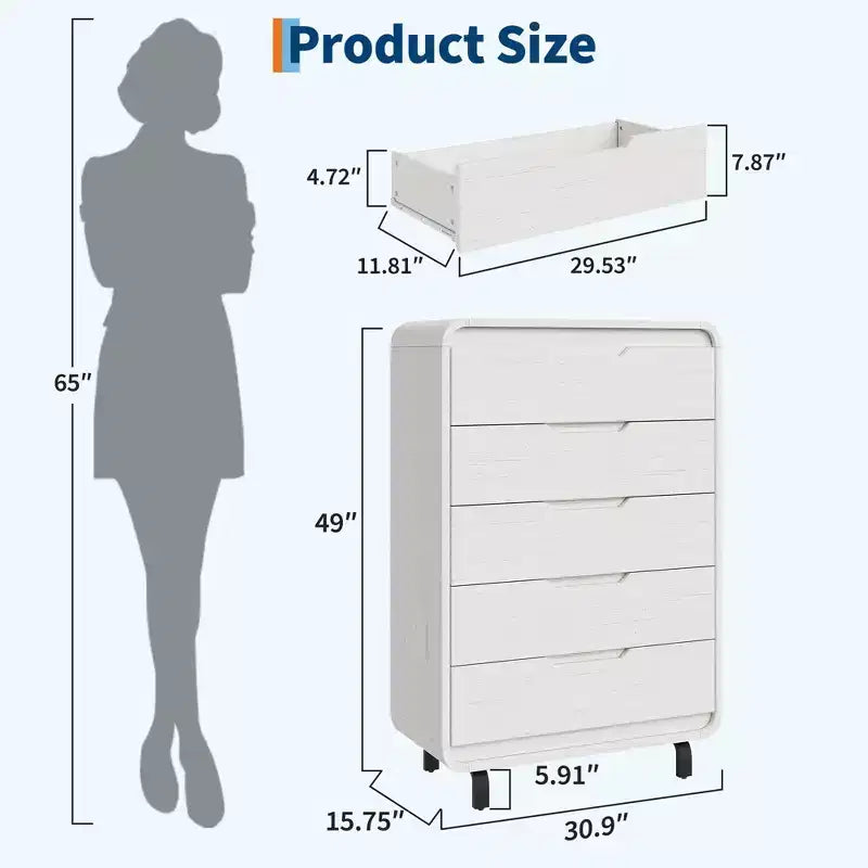 5-Drawer Wooden Dresser - 48 Tall Modern Chest of Drawers with Large Storage - Clothes Dresser for Bedroom, Living Room, Hallway