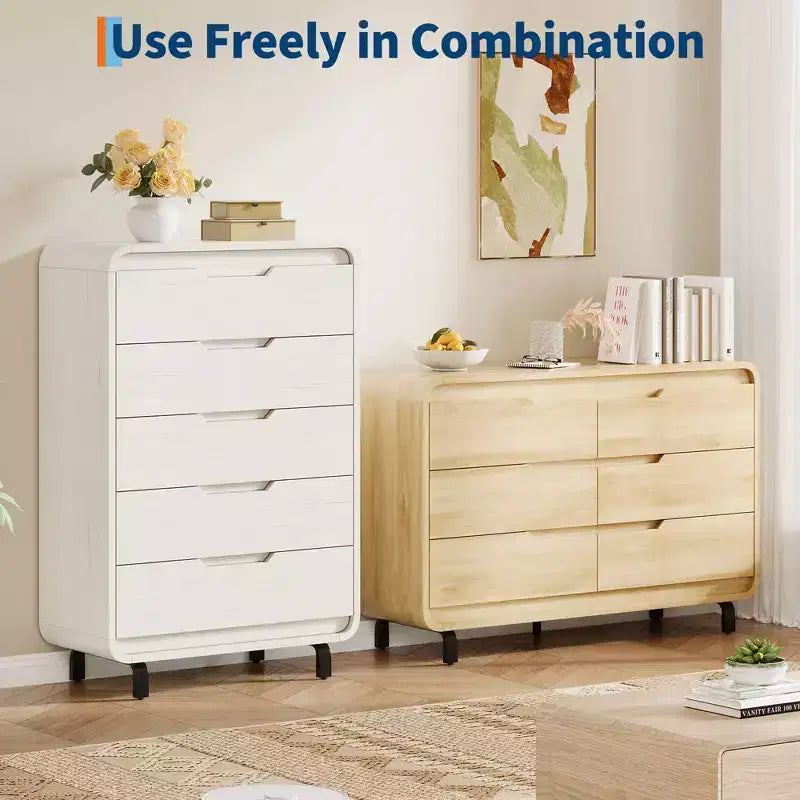 5-Drawer Wooden Dresser - 48 Tall Modern Chest of Drawers with Large Storage - Clothes Dresser for Bedroom, Living Room, Hallway