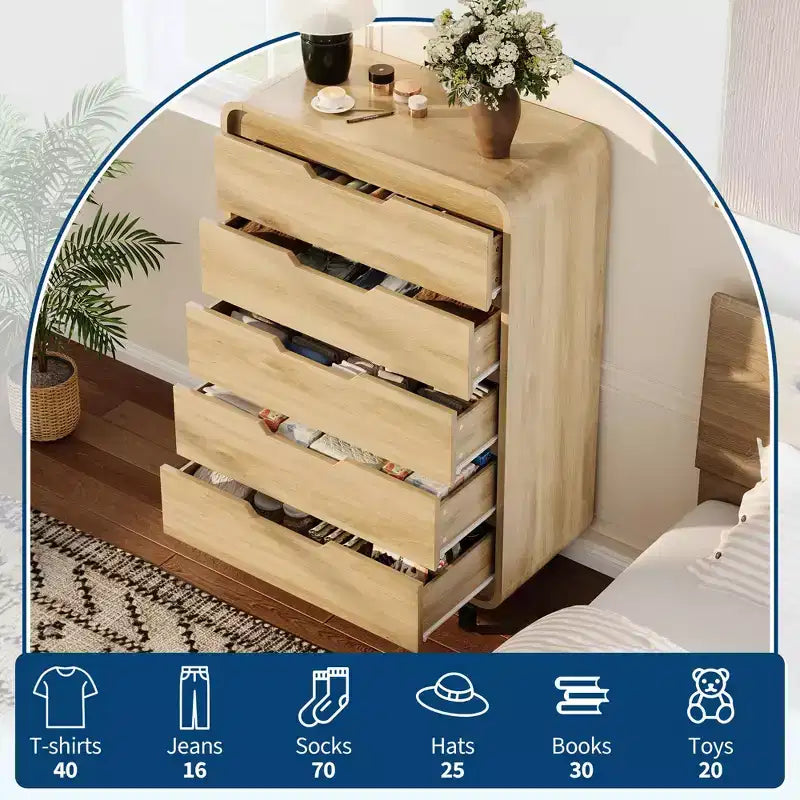 5-Drawer Wooden Dresser - 48 Tall Modern Chest of Drawers with Large Storage - Clothes Dresser for Bedroom, Living Room, Hallway
