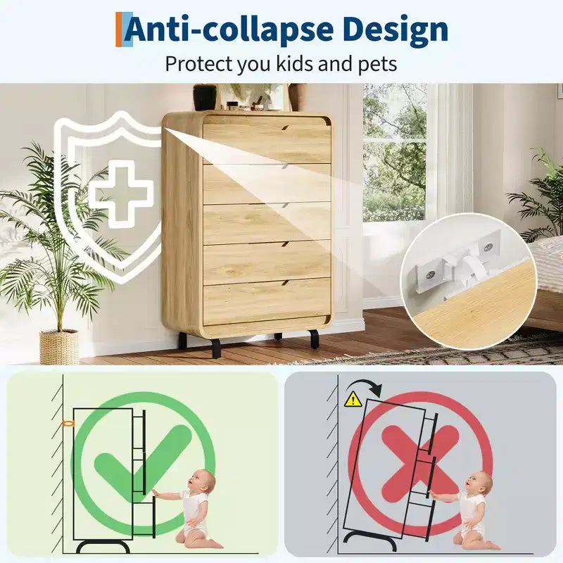 5-Drawer Wooden Dresser - 48 Tall Modern Chest of Drawers with Large Storage - Clothes Dresser for Bedroom, Living Room, Hallway