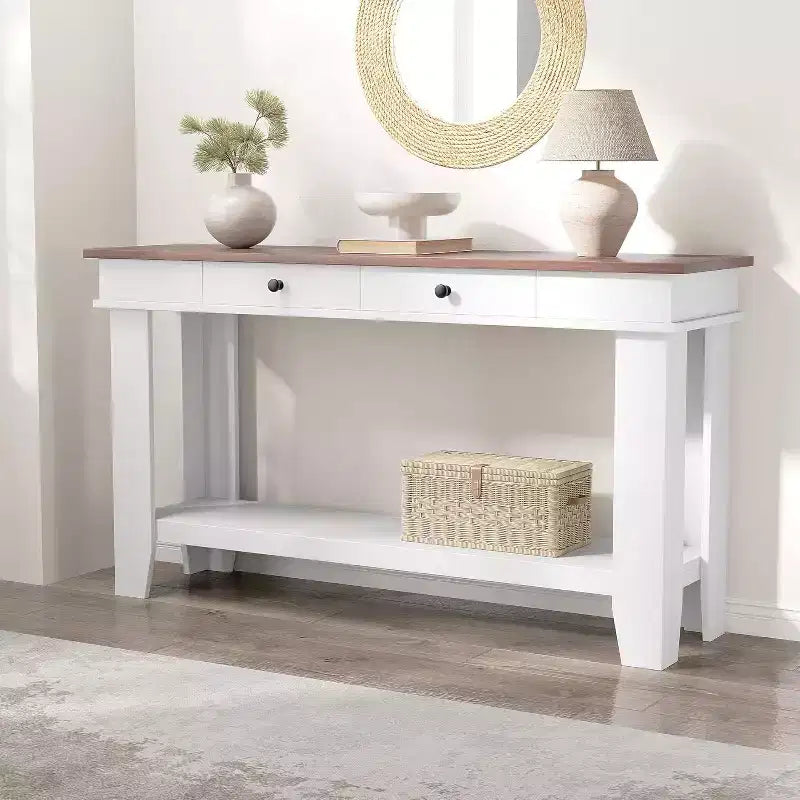 54" Farmhouse Console Table with Drawers and Open Shelf