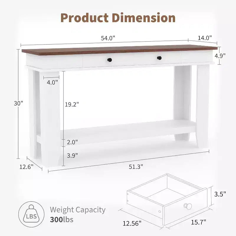 54" Farmhouse Console Table with Drawers and Open Shelf