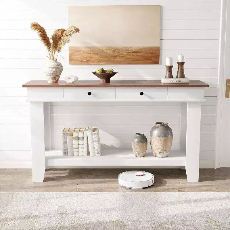 54" Farmhouse Console Table with Drawers and Open Shelf