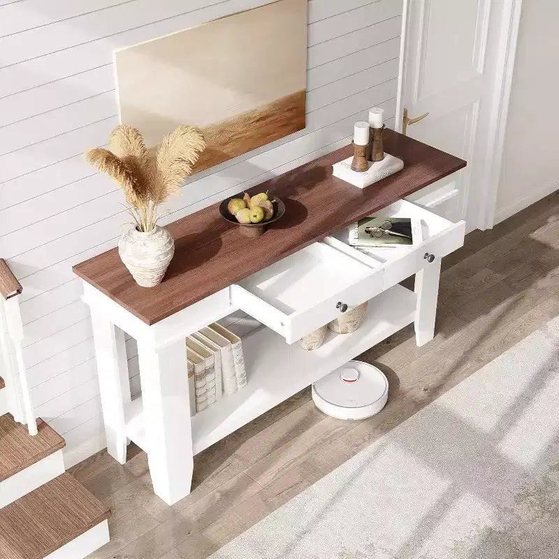 54" Farmhouse Console Table with Drawers and Open Shelf