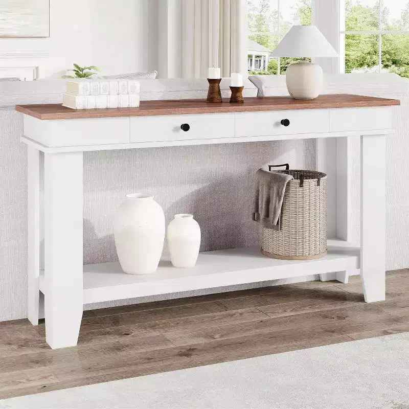 54" Farmhouse Console Table with Drawers and Open Shelf
