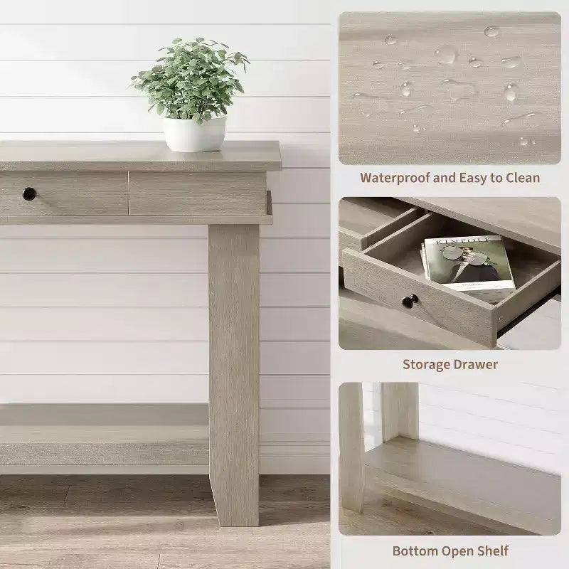 54" Farmhouse Console Table with Drawers and Open Shelf