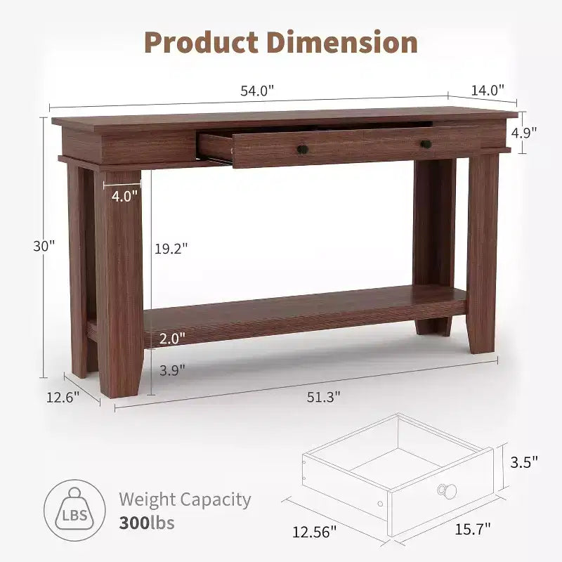 54" Farmhouse Console Table with Drawers and Open Shelf