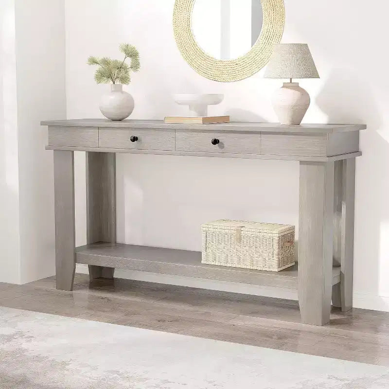 54" Farmhouse Console Table with Drawers and Open Shelf