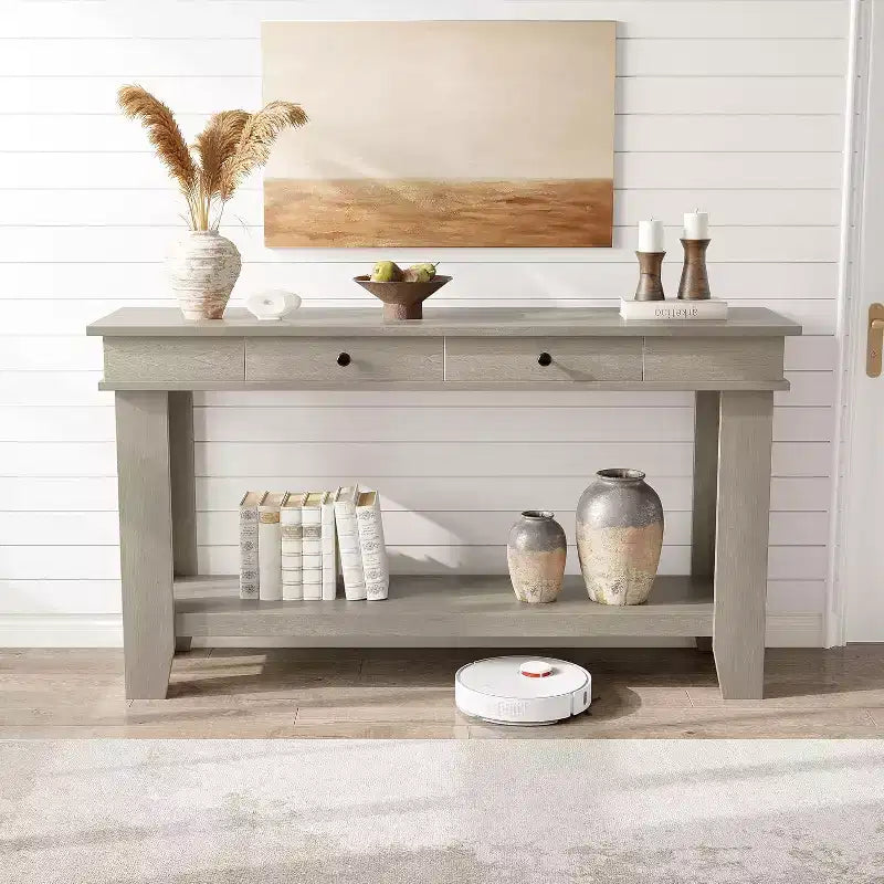 54" Farmhouse Console Table with Drawers and Open Shelf