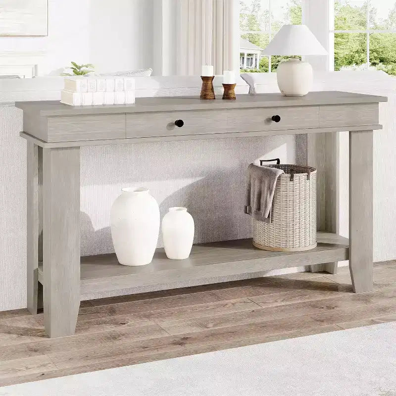 54" Farmhouse Console Table with Drawers and Open Shelf