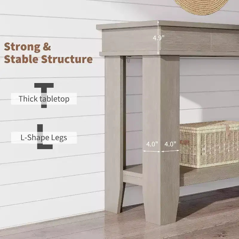 54" Farmhouse Console Table with Drawers and Open Shelf