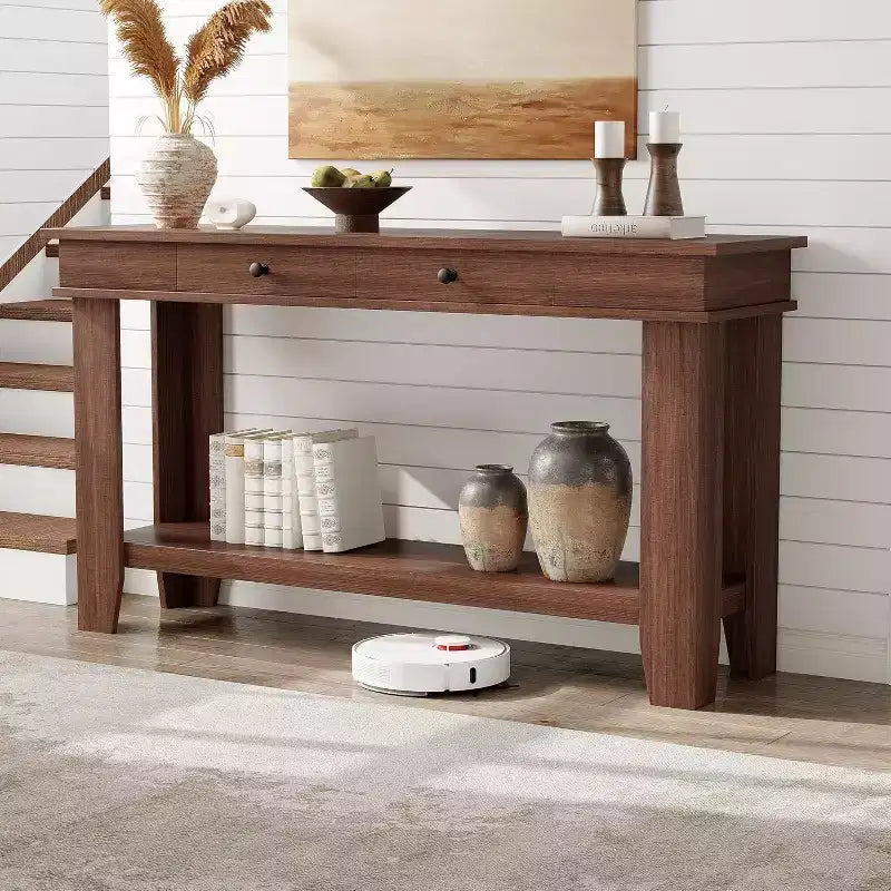 54" Farmhouse Console Table with Drawers and Open Shelf