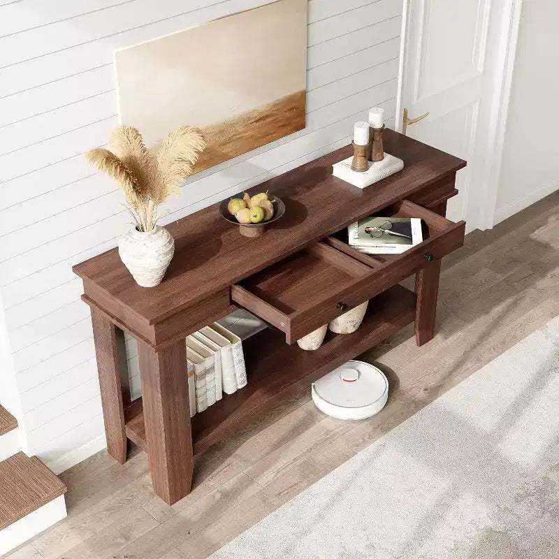 54" Farmhouse Console Table with Drawers and Open Shelf