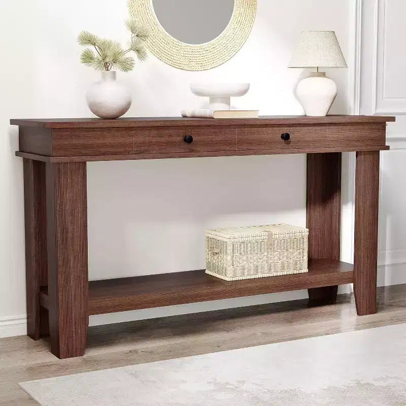 54" Farmhouse Console Table with Drawers and Open Shelf