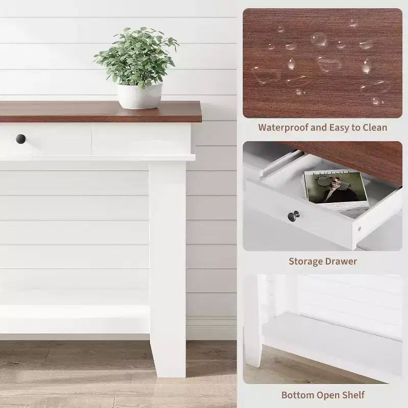 54" Farmhouse Console Table with Drawers and Open Shelf