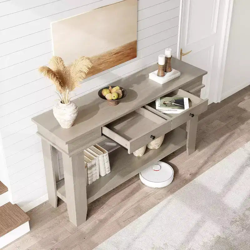 54" Farmhouse Console Table with Drawers and Open Shelf