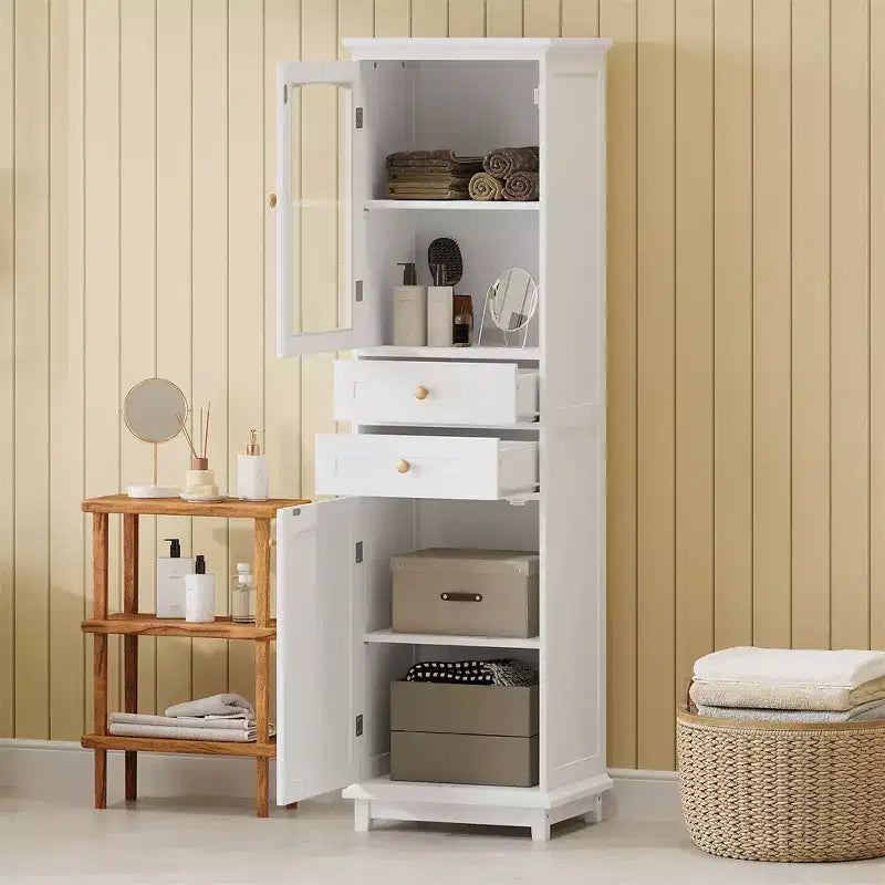 Bathroom Cabinet, Modern Tall Storage Cabinet With Glass Door, Freestanding Floor Cabinet With Adjustable Shelves & 2 Drawer