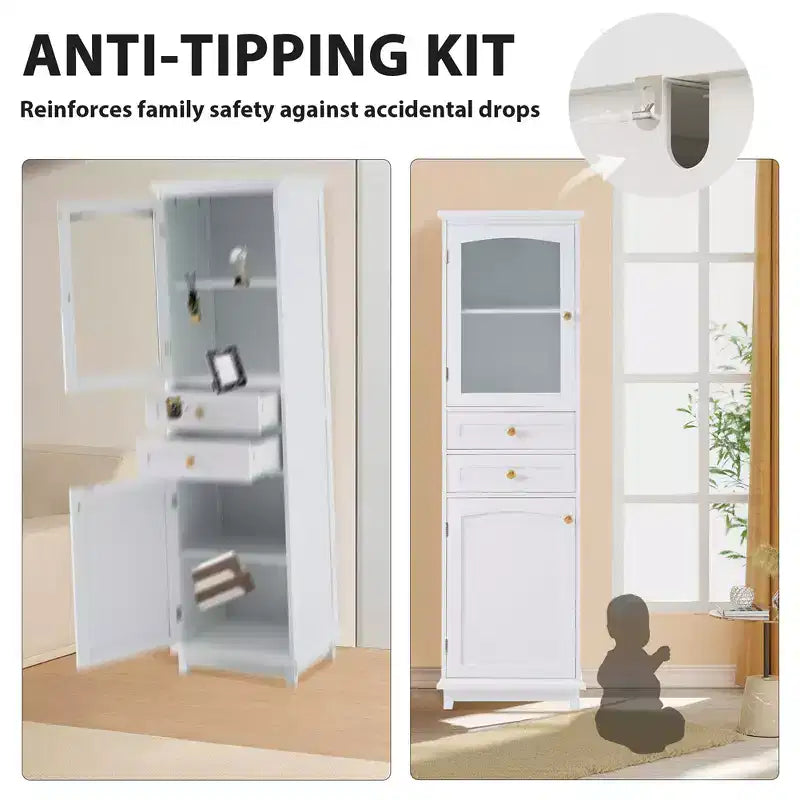 Bathroom Cabinet, Modern Tall Storage Cabinet With Glass Door, Freestanding Floor Cabinet With Adjustable Shelves & 2 Drawer