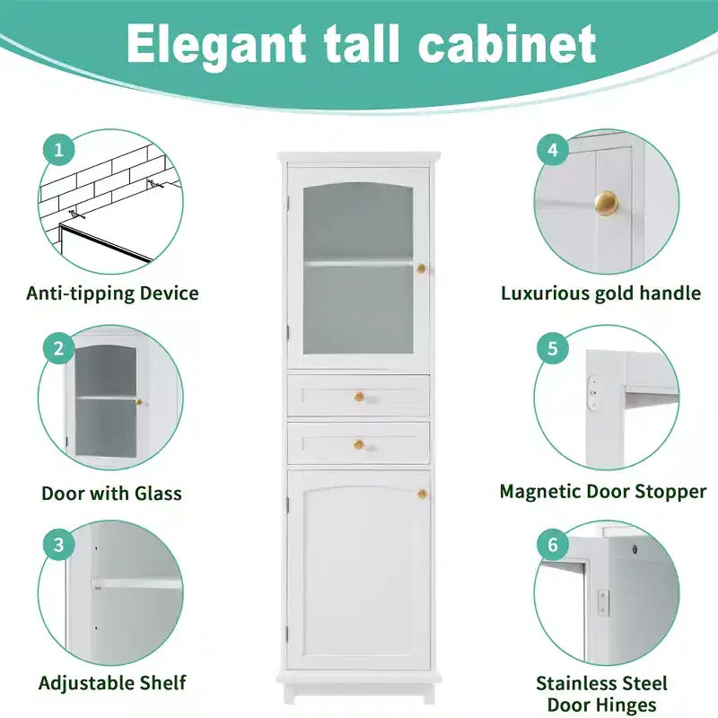Bathroom Cabinet, Modern Tall Storage Cabinet With Glass Door, Freestanding Floor Cabinet With Adjustable Shelves & 2 Drawer
