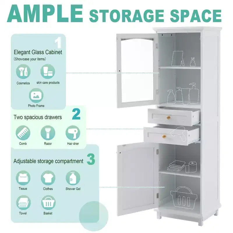 Bathroom Cabinet, Modern Tall Storage Cabinet With Glass Door, Freestanding Floor Cabinet With Adjustable Shelves & 2 Drawer