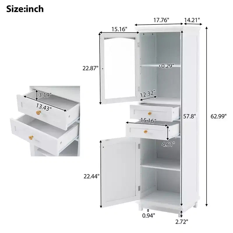 Bathroom Cabinet, Modern Tall Storage Cabinet With Glass Door, Freestanding Floor Cabinet With Adjustable Shelves & 2 Drawer